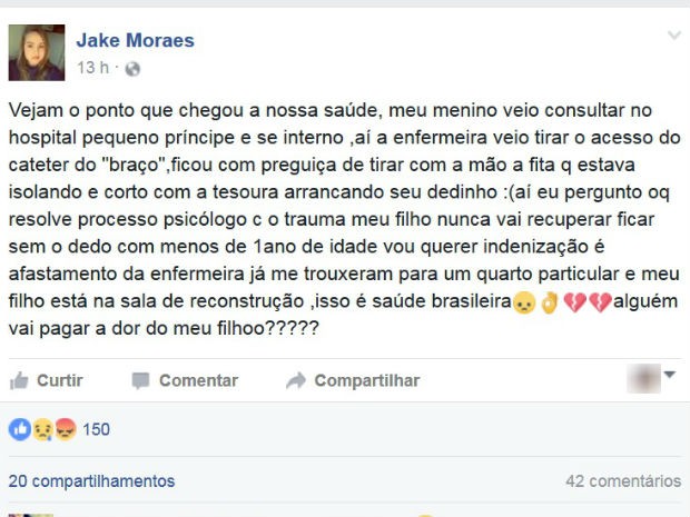 Mãe desabafou em post no Facebook (Foto: Reprodução) Mãe desabafou em post no Facebook (Foto: Reprodução)