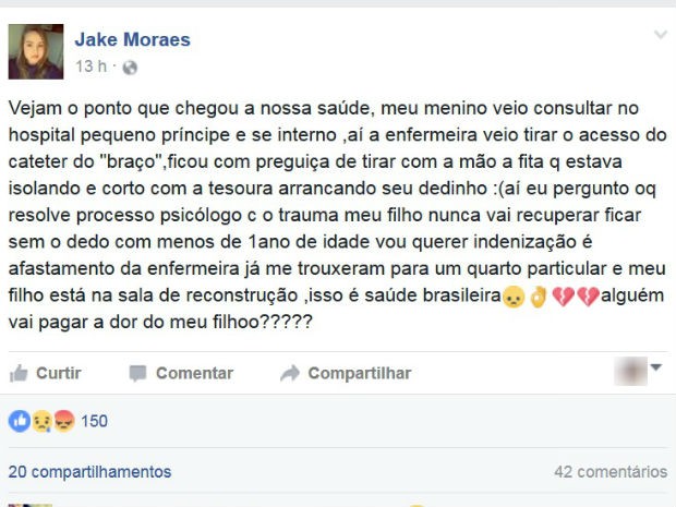 Mãe desabafou em post no Facebook (Foto: Reprodução)