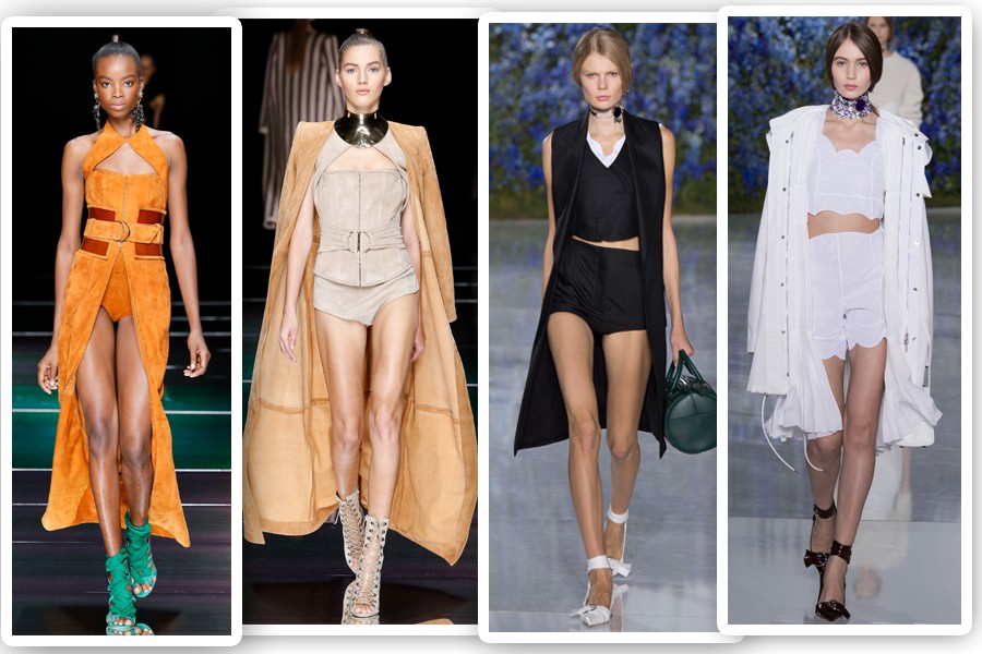 Na Balmain e na Dior, usar um casaco ou colete longo combinado a conjunto curtíssimo é truque de styling para um verão sexy e moderno (Foto: Imaxtree)
