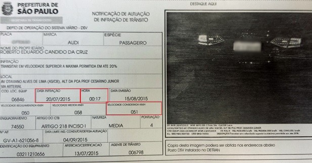 Notificação da infração mostra que o condutor estava a 51 km/h (velocidade considerada) na pista local da Marginal Tietê (Foto: arquivo pessoal/Roberto Eduardo Cândido da Cruz)