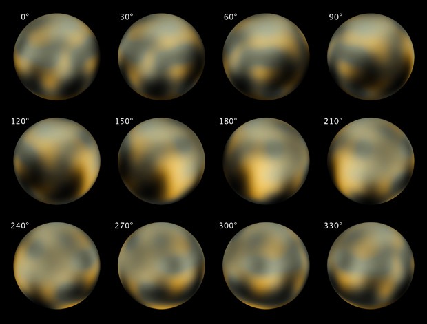  Combinao de imagens feita pelo Telescpio Espacial Hubble em 2002 e 2003 mostra Pluto em diferentes ngulos; nave New Horizons comear a fazer imagens do planeta ano neste domingo (Foto: AP Photo/NASA, ESA, M. Buie)