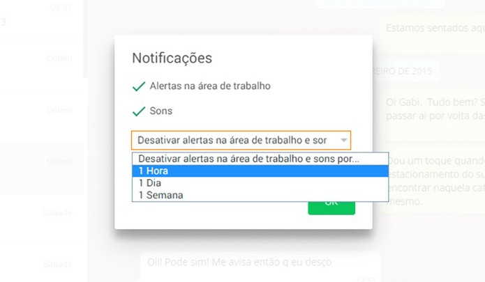 Se preferir, também é possível desativar os alertas sonoros do WhatsApp web por um tempo específico (Foto: Reprodução/Barbara Mannara)