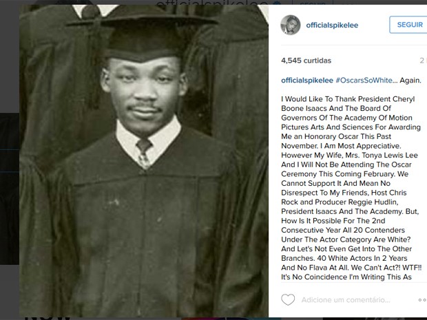 Spike Lee homenageia Martin Luther King Jr. e critica a Academia de Hollywood pela falta de diversidade entre indicados (Foto: Reprodução/Instagram)