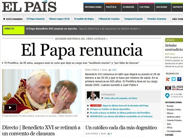 'O Papa renuncia', diz a capa do site do jornal espanhol El País (Foto: Reprodução/El País)