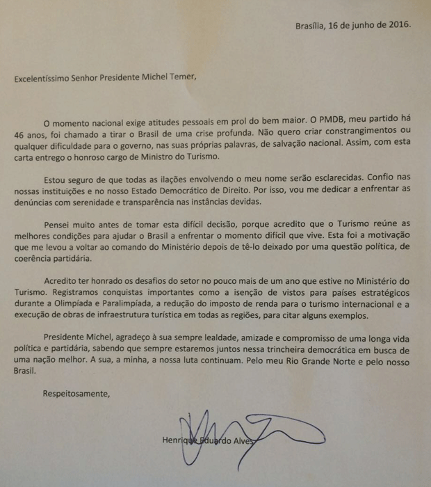 Carta de emissão entregue por Henrique Eduardo Alves ao deixar o Ministério do Turismo, nesta quinta (16) (Foto: Reprodução)