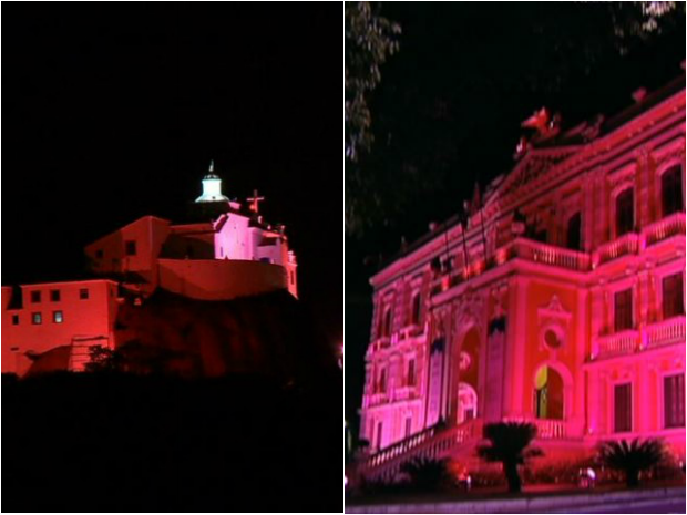 Convento da Penha e Palácio Anchieta ficam rosa contra o câncer de mama. (Foto: Reprodução/TV Gazeta)