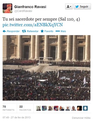 Cardeal italiano que integra o conclave tuítou sobre a última audiência de Bento XVI como Papa (Foto: Reprodução)