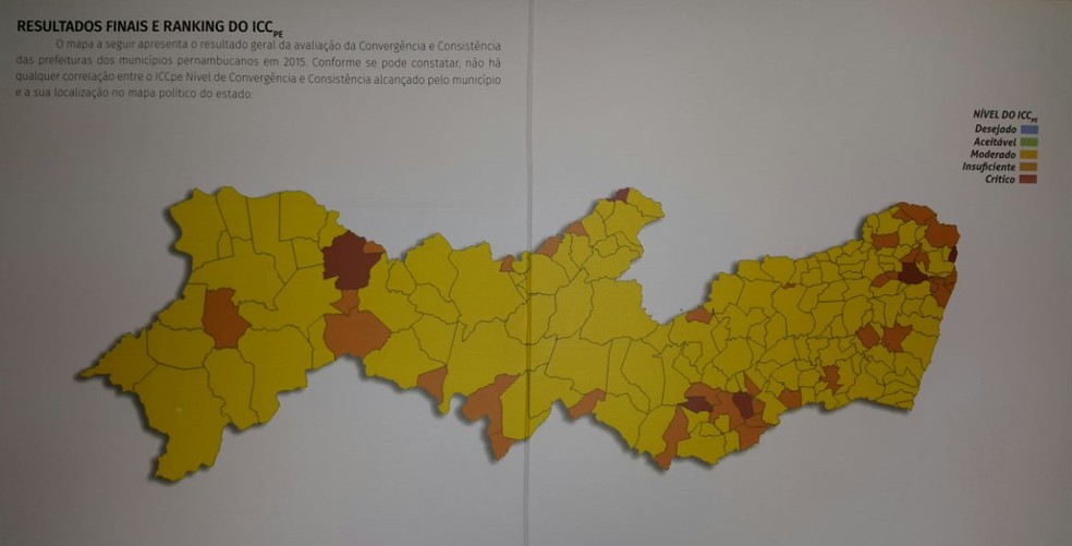 Mapa dos municípios mostra avaliação do Índice de Convergência Contábil dos Municípios (ICCpe) (Foto: Ascom/TCE-PE)