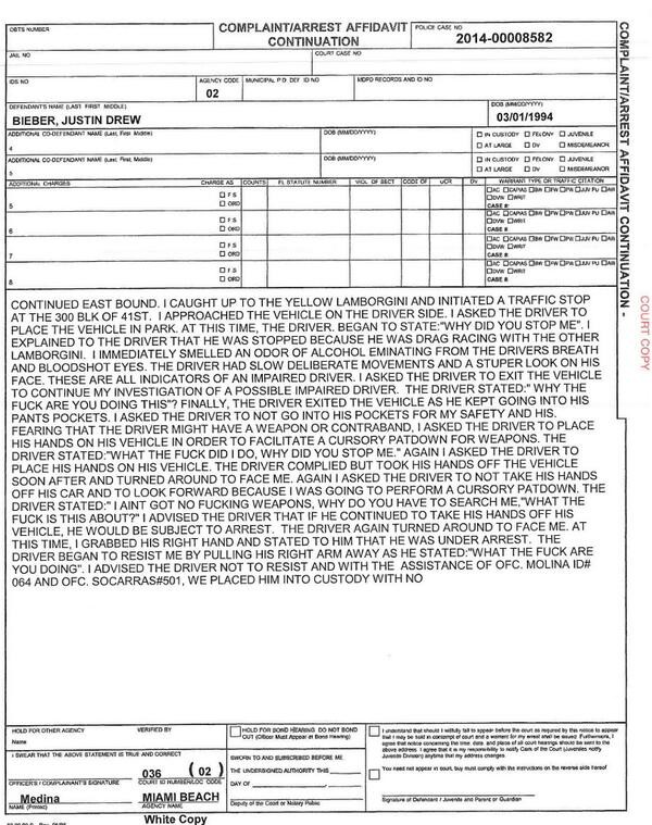 Relatório da prisão (Foto: Reprodução/Departamento de Polícia de Miami)