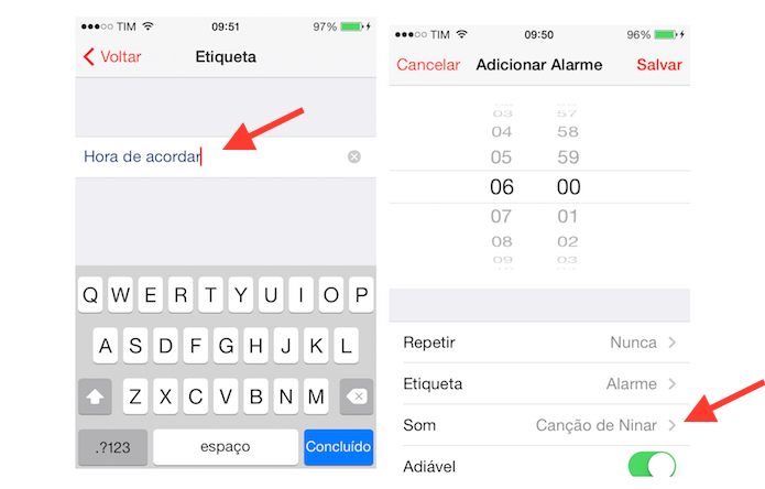 Definindo um nome para o alarme e acessando as configurações de som de alerta do despertador do iPhone (Foto: Reprodução/Marvin Costa)