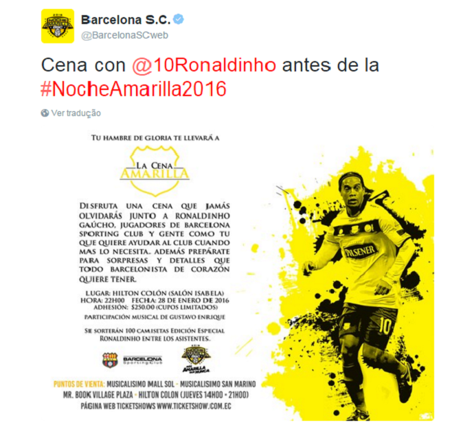 Ronaldinho Barcelona Guayaquil (Foto: Reprodução/Twitter)