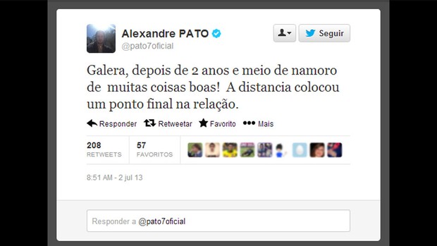 Reprodução twitter alexandre pato termino do namoro (Foto: Reprodução / Facebook)