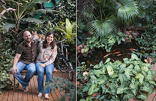  Família | Fernão, sua mulher, a psicóloga Maísa Gaiarsa, e a gata Frida curtem o jardim (Foto: Gui Morelli)