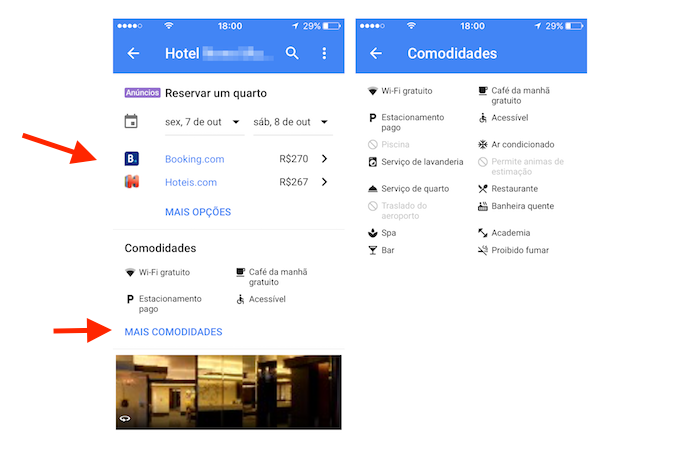 Preços e comodidades oferecidas por um hotel visualizados através do aplicativo Google Maps (Foto: Reprodução/Marvin Costa)