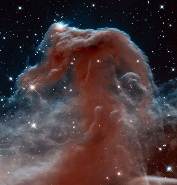Imagem divulgada nesta sexta-feira (19) pela agência espacial americana, Nasa, mostra parte da constelação da Orion, especificamente a Nebulosa Cabeça de Cavalo (também conhecida como Barnard 33).  O registro, feito pelo telescópio Hubble, que completa 23 anos em órbita, mostra a região por meio de luz infravermelha, que tem comprimentos de onda maiores que a luz normal.  (Foto: Nasa/Esa/AFP)