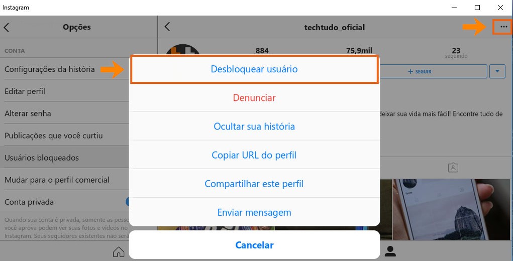 Se preferir, desbloqueie o usuário no Instagram (Foto: Reprodução/Barbara Mannara) Se preferir, desbloqueie o usuário no Instagram (Foto: Reprodução/Barbara Mannara)