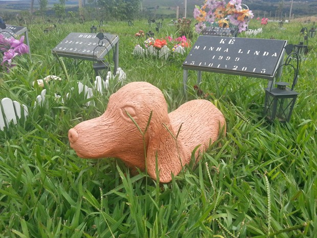 Túmulo de cão enterrado no Memorial Jardim dos Animais, que fica a 50 quilômetros do centro de Brasília (Foto: Raquel Morais/G1)