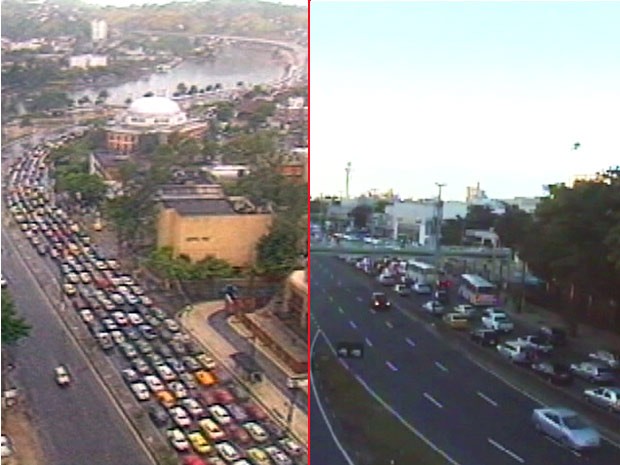 Avenida Armando Lombardi, na Barra da Tijuca, na Zona Oeste, engarrafada há 20 anos (à esquerda), e em 2012 (à direita) (Foto: Reprodução/TV Globo)
