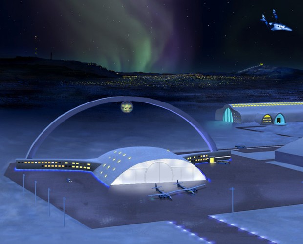 Ilustração mostra como pode ser o aeroporto espacial de Kiruna, a cidade mais ao norte da Suécia, na Europa. O governo local pretende desenvolver o turismo espacial em dez anos com a construção de um aeroporto internacional com voos para o espaço, segundo agências de notícias (Foto: Jan-Erik Stalnacke/Spacesport Sweden/AFP)