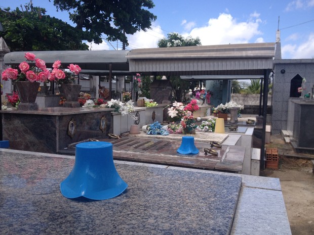 No Centro, vasos foram colocados de cabeça para baixo para não acumular água (Foto: Fabiana Figueiredo/G1)