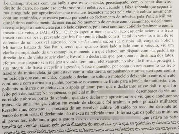 Trechos do depoimento do soldado da Polícia Militar que atirou contra o veículo furtado; partiu da arma dele o disparo que matou o menino de 10 anos (Foto: Reprodução) Trechos do depoimento do soldado da Polícia Militar que atirou contra o veículo furtado; partiu da arma dele o disparo que matou o menino de 10 anos (Foto: Reprodução)