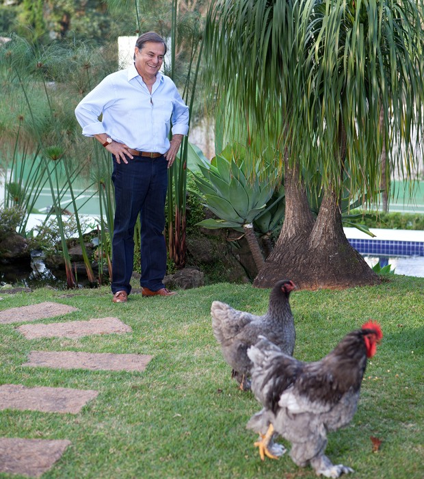 Ronnie Von observa os frangos Cher e Obama no quintal de casa (Foto: Lufe Gomes / ÉPOCA SP)
