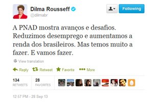 Dilma comenta pesquisa do IBGE neste sábado (28) pelo Twitter (Foto: Reprodução )