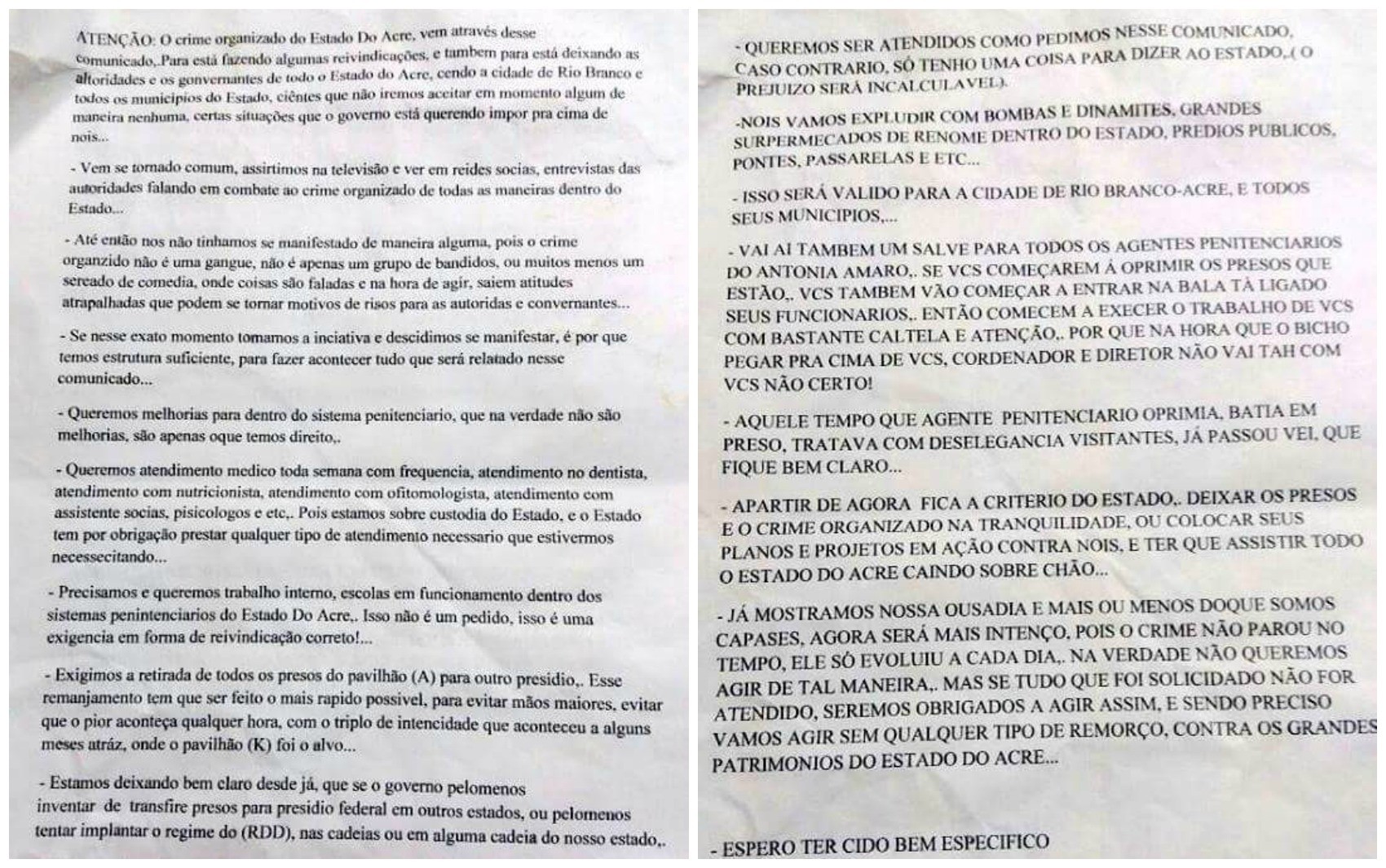 Carta foi encontrada próxima à sede da Defensoria Pública do Acre (Foto: Reprodução)