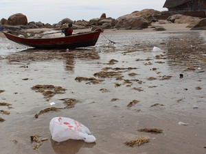 Frequentadores não respeitam o meio ambiente e jogam plástico na praia (Foto: Patrícia Andrade/G1)