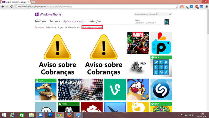 Página inicial da loja de aplicativos do Windows Phone traz atalho para o histórico de compras do usuário (Foto: Reprodução/Elson de Souza)