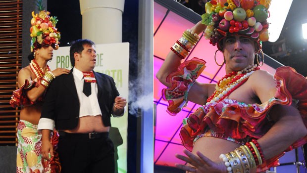  Pedrão aparece vestido de Carmem Miranda, cheio de colares e badulaques, para diversão de Jorginho (Foto: Globo)
