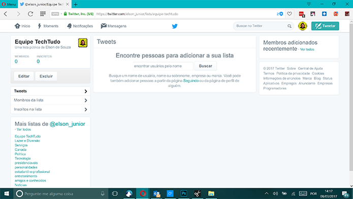 Twitter mostra campo para que usuário pesquise por contas para adiciona à lista (Foto: Reprodução/Elson de Souza) (Foto: Twitter mostra campo para que usuário pesquise por contas para adiciona à lista (Foto: Reprodução/Elson de Souza)) Twitter mostra campo para que usuário pesquise por contas para adiciona à lista (Foto: Reprodução/Elson de Souza) (Foto: Twitter mostra campo para que usuário pesquise por contas para adiciona à lista (Foto: Reprodução/Elson de Souza))
