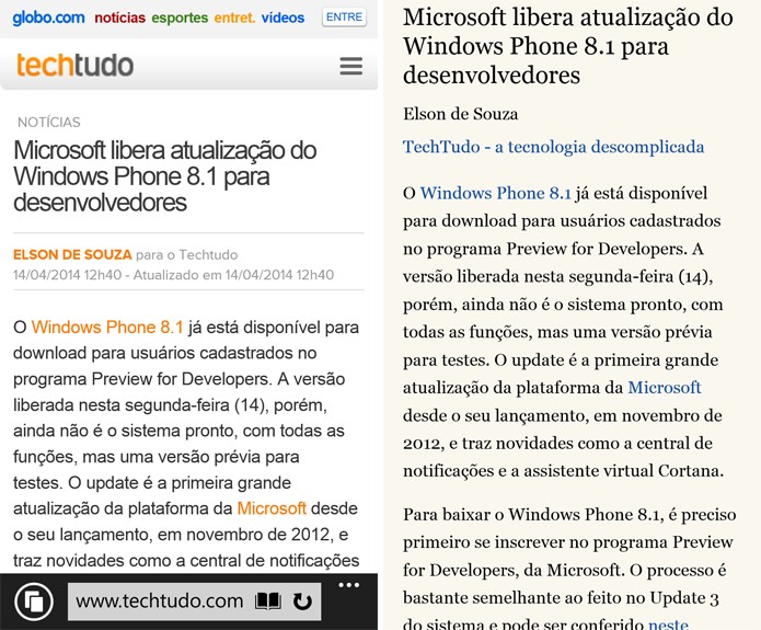 Internet Explorer 11 do Windows Phone 8.1 agora tem modo de leitura e sincronização com o PC (Foto: Reprodução/Elson de Souza)