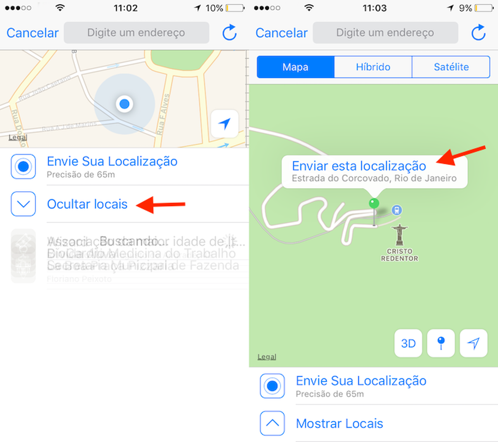 Opção para enviar uma locação de qualquer ponto do mapa no WhatsApp (Foto: Reprodução/Marvin Costa)