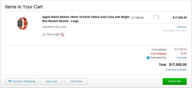 Versão de ouro 18-quilates do Apple Watch, que custa o equivalente a US$ 52,2 mil, entra em pré-venda e alta procura faz entrega ficar para junho. (Foto: Reprodução/Apple.com)