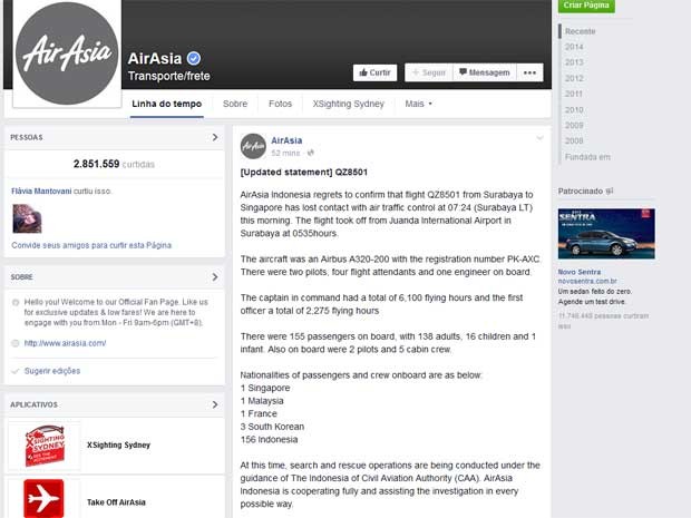 Companhia aérea AirAsia informa sobre desaparecimento do Airbus A320-200 do voo QZ-8501 através do Facebook.  (Foto: Reprodução / AirAsia / Facebook)