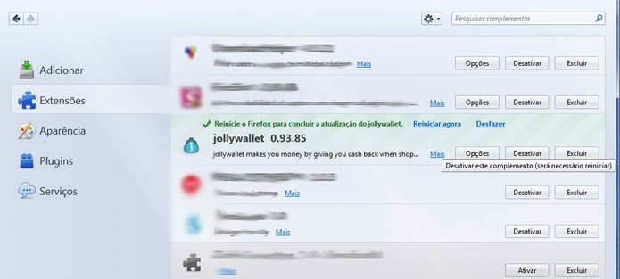 Jollywallet pode ser removido nas extensões do Firefox (Foto: Reprodução/Vinícius Sacramento)