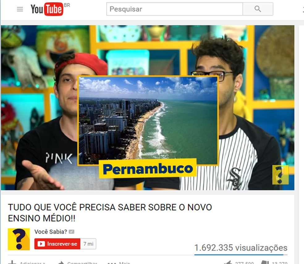 Canal Você Sabia obteve mais de 1,6 milhão de visualizações em vídeo de apoio à reforma do ensino médio. (Foto: Reprodução/YouTube)
