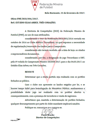 Tricordiano pode jogar com portões fechados (Foto: Reprodução site Federação Mineira de Futebol) Tricordiano pode jogar com portões fechados (Foto: Reprodução site Federação Mineira de Futebol)