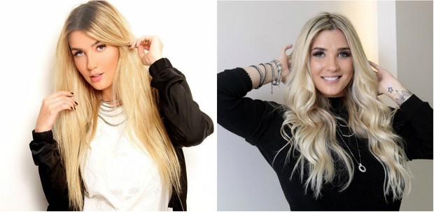 Antes e depois: grávida, ex-BBB Aline Gotschalg troca cor dos cabelos loiros por tom platinado (Foto: Isac Luz/Ego)