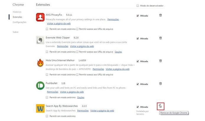 Lixeira para apagar plugin do Chrome em destaque (Foto: Reprodução/Raquel Freire)