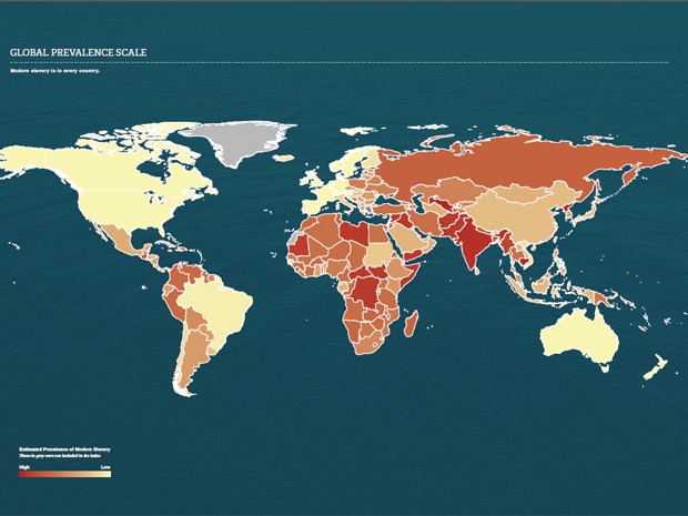 Mapa mostra prevalência da escravidão; quanto mais escura a cor, maior o índice (Foto: Reprodução/Walk Free Foundation)