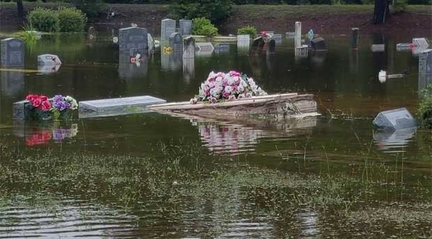 Caixão flutua em cemitério inundado por enchente em Ridgeville, na Carolina do Sul (Foto: Reprodução/Facebook/Shawn Salley)