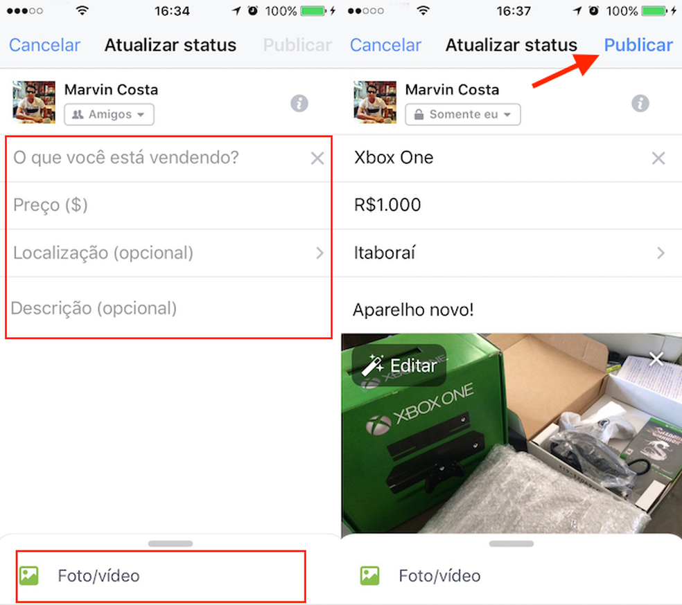 Configura&ccedil;&atilde;o para criar um post para vender produtos no app do Facebook para iPhone (Foto: Reprodu&ccedil;&atilde;o/Marvin Costa)