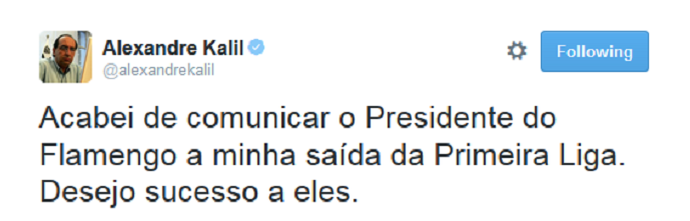 Kalil anuncia saÃ­da da Primeira Liga (Foto: ReproduÃ§Ã£o/Twitter)