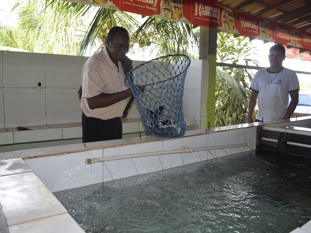 Produtor agrícola, J. Lewu, ficou interessado no sistema de depuração utilizado no Amapá (Foto: Maiara Pires/G1)