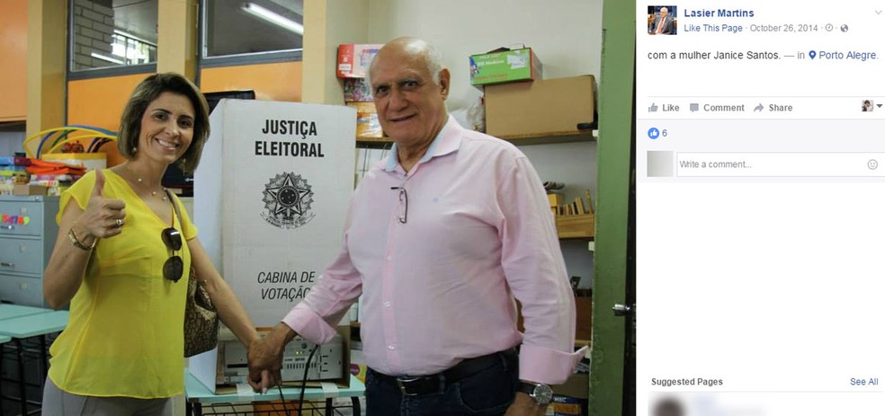 Janice Santos e Lasier Martins em dia de votação (Foto: Facebook/Reprodução)