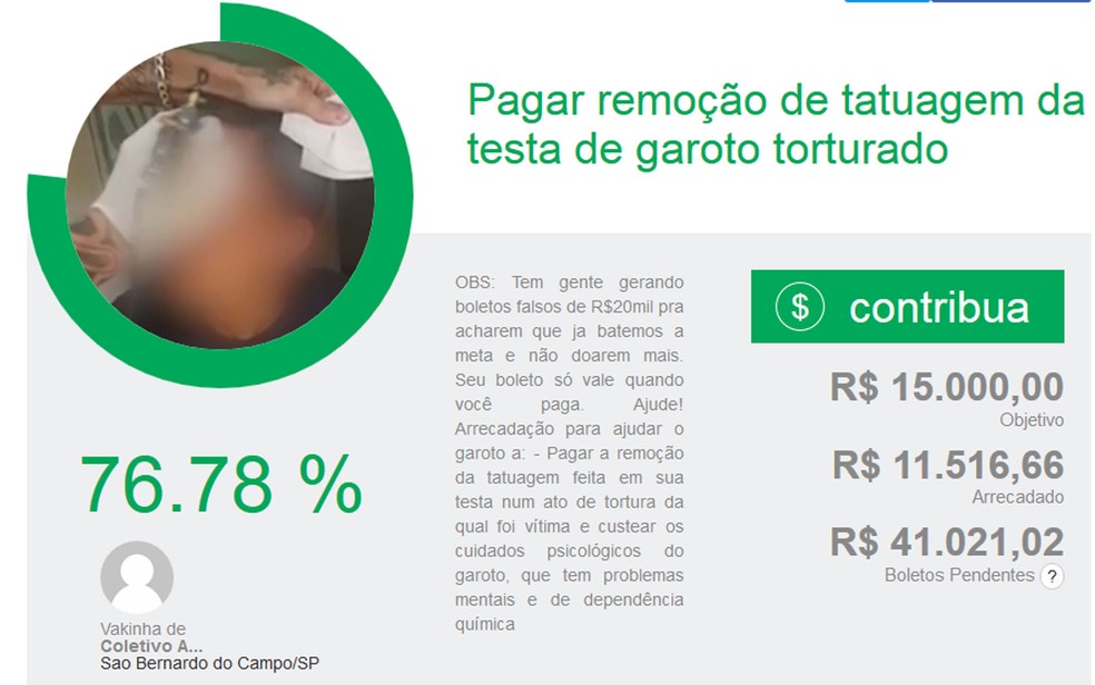 Vaquinha na internet busca arrecadar dinheiro para rapaz torturado (Foto: Reprodução)