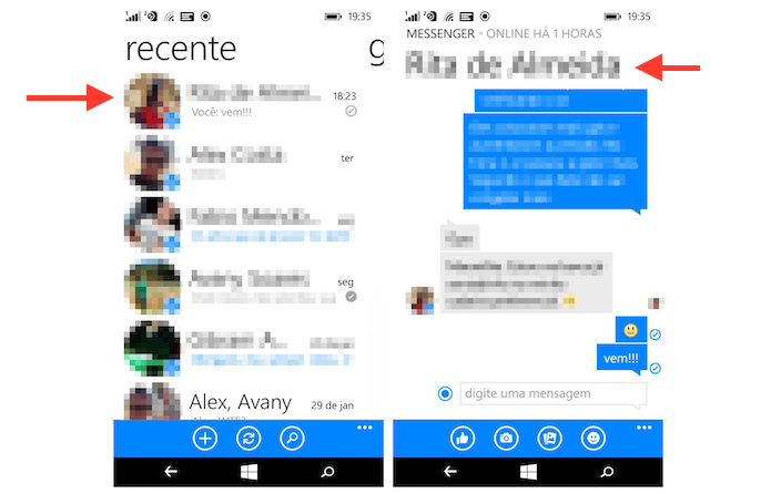 Acessando as opções para um chat do Facebook Messenger pelo Windows Phone (Foto: Reprodução/Marvin Costa)
