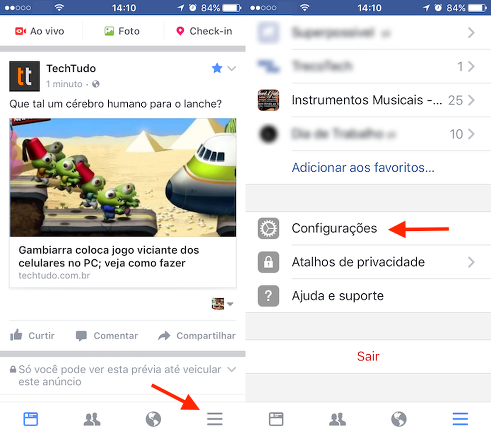 Caminho para ter acesso as configurações do aplicativo do Facebook para iPhone (Foto: Reprodução/Marvin Costa)
